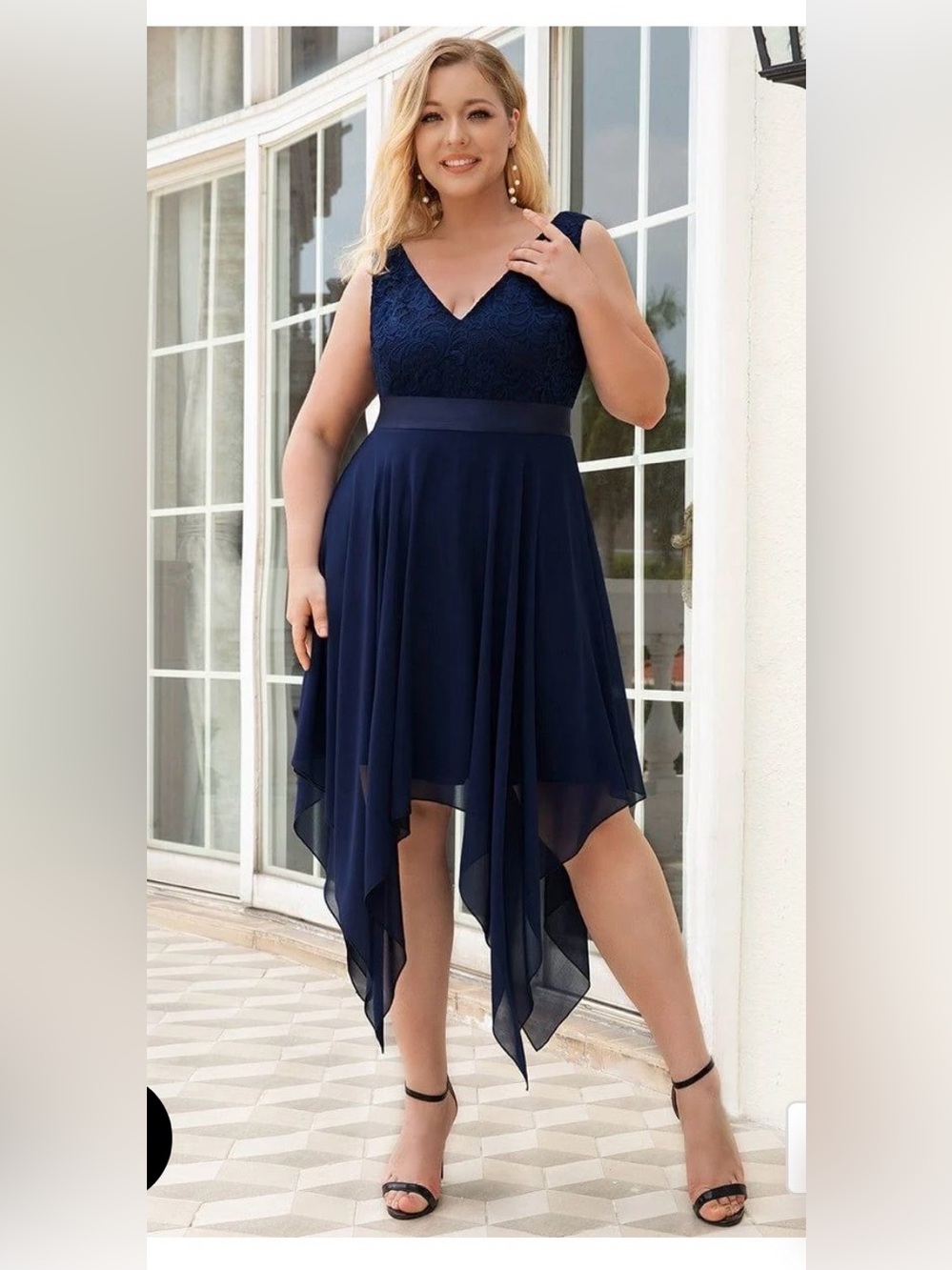 Ever Pretty Plus Size Navy V-Neck Handkerchief Hem Dress